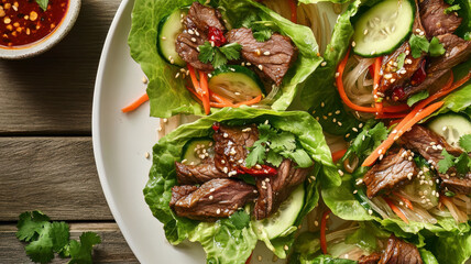Fresh Korean beef and noodle salad cups are elegantly served in crisp lettuce leaves.