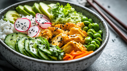 Colorful asian-inspired buddha bowl with vegetables and sesame seeds.