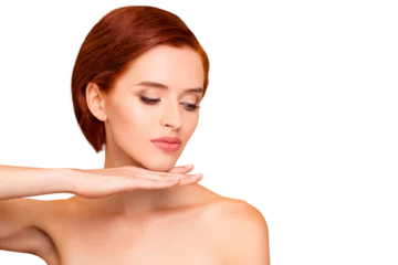 Close-up portrait of nice cute dreamy lovely attractive sweet naked girl showing touching face healthy pure shine smooth fresh skin isolated over beige pastel background