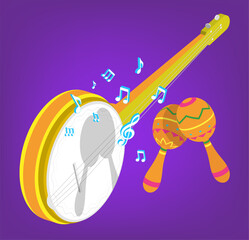 Melody playing on string bungee and maracas. Musical notes fly off bungee strings. Flamenco guitarist musical instrument. 3D vector concept