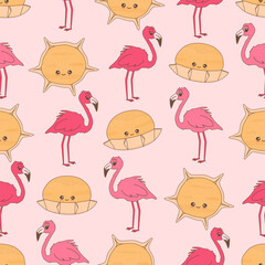 cute hand drawn cartoon character pardulas traditional sardinian dessert food and flamingos seamless vector pattern illustration on pink background