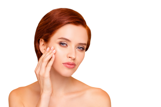 Close-up portrait of nice dreamy lovely attractive sweet naked girl touching face healthy clean clear pure shine smooth fresh skin isolated over beige pastel background