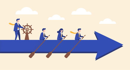 Vector illustration of four businesspeople on a large blue arrow-boat, rowing and steering together under a beige sky, symbolizing teamwork, leadership, and shared direction in achieving goals.