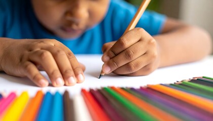 Child drawing with colored pencils.