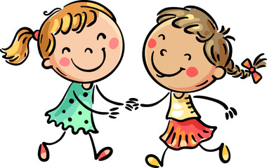 Two little girls have fun, kids playing, isolated cartoon clipart