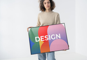 Mockup Of Woman Holding Customized Horizontal Poster
