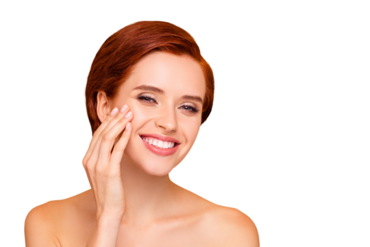 Close-up portrait of nice lovely cute attractive adorable sweet cheerful girl touching face healthy clean clear pure smooth fresh skin isolated over beige pastel background