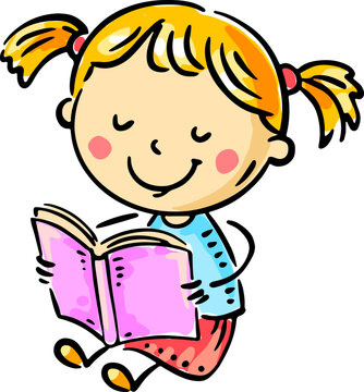 Little girl reading a book. Isolated cartoon illustration