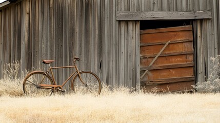A rusted bicycle leaning against a barn in a deserted farm