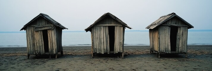 Simple wooden huts on a sandy beach