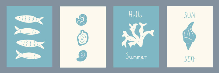 Summer and beach concept poster or card set. Modern abstract prints with hand drawn coastal, fish, seashells, coral. Summer holiday, sea, surf theme, vacation travel illustrations. vintage wall decor. © Sinta Alfa