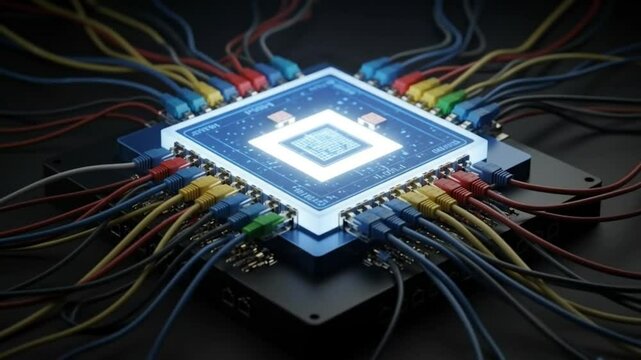 Quantum computing core: An intricate, glowing cube at the heart of advanced technology.
