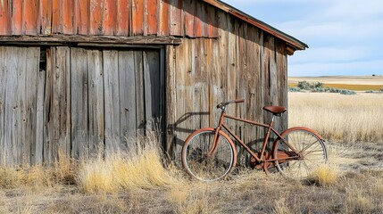 A rusted bicycle leaning against a barn in a deserted farm