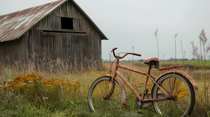 A rusted bicycle leaning against a barn in a deserted farm
