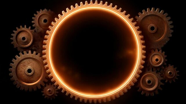 Close-Up of Rusted Gears with Illuminated Circular Design Against Dark Background