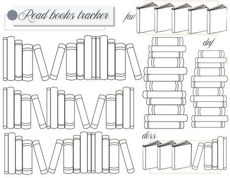 57 up to 82 read books titles to be marked and coloring; book spines outline with fav, diss & dnf sections; us size printable book reading tracker vector design with stacks & bookshelfes; 
