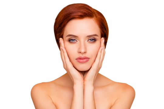 Close-up portrait of nice lovely attractive peaceful girl touching face healthy clean clear pure smooth fresh perfect flawless shine skin isolated over beige pastel background