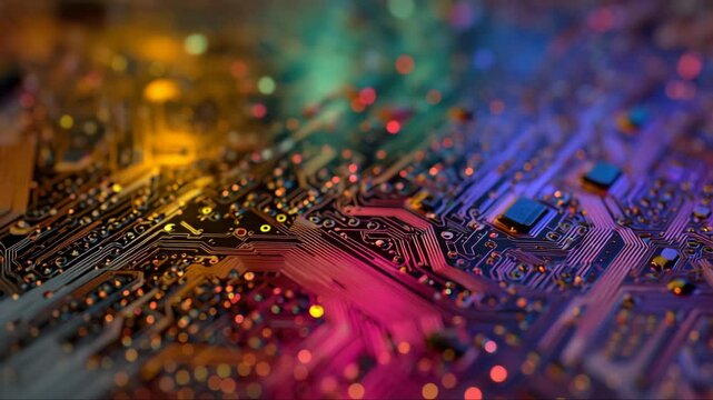 Colorful electronic circuit board background with rainbow neon lights and shallow focus, vibrant technology macro shot, abstract hardware texture
