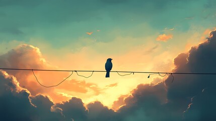 A bird perched alone on a wire against a dramatic sky