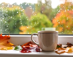 Autumnal cup of tea on windowsill with raindrops