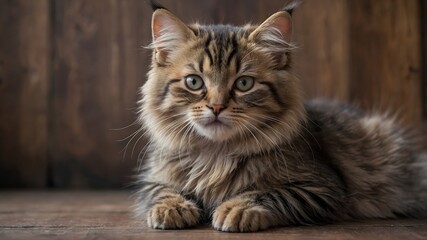 a beautiful cat resting on a wooden surface, its fur showcasing various shades of brown and tan, and its gaze capturing a blend of curiosity and calmness.