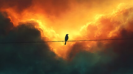 A bird perched alone on a wire against a dramatic sky