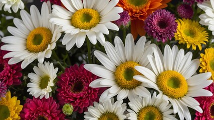 Obraz premium closeup of various daisies in vibrant colors. The image features a mix of white, yellow, orange, red and purple daisies