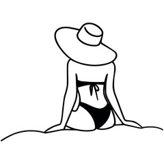 One line drawing woman in hat sitting on the beach. Summer, holiday, weekend concept. Female line vector illustration.