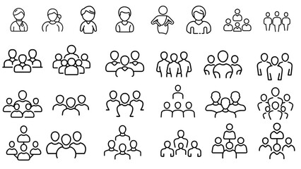 Collection Of Teamwork And Group People Line Icons Representing Community Collaboration And Leadership On White Background