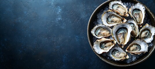 Fresh oysters on a deep navy blue background with ample copy space left