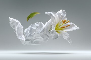 a crumpled paper ball unfolding mid-air into a blossoming