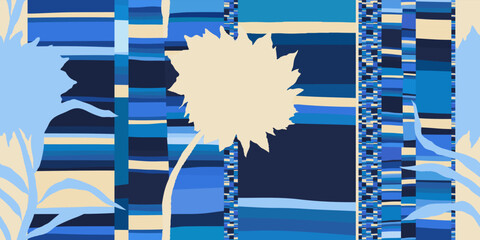 Abstract flowers silhouettes striped pattern. Collage contemporary unique print. Fashionable template for design.