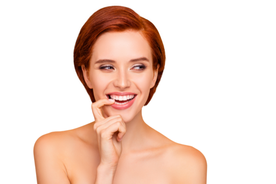 Close-up portrait of nice cute lovely attractive charming adorable cheerful curious girl biting finger healthy clean clear smooth perfect flawless shine skin isolated on beige pastel background