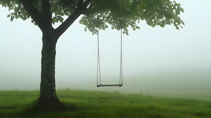A swing hanging from a tree in a misty field