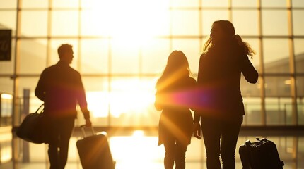 Family silhouetted against warm sunset in airport, walking towards light with luggage