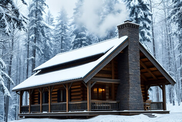 Winter-ready eco home combining traditional design with sustainable technology - A Scandinavian wooden cabin in a snowy forest with black solar panels on the roof