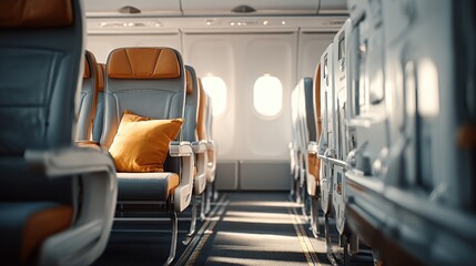 Fototapeta premium Empty Airplane Cabin Before Boarding Interior