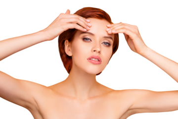 Close-up portrait of nice lovely sweet attractive charming winsome girl touching forehead healthy clean clear smooth perfect flawless shine skin wellness isolated on beige background