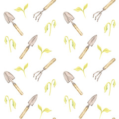 Watercolor gardening fork, trowel, and sprouting leaves seamless pattern. Tools and seedlings textile clipart perfect for planner pages, gardening notebooks, or sustainable fabric prints