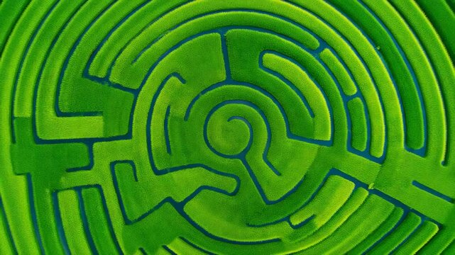 Aerial View of an Intricate Green Maze Pattern Surrounded by Vibrant Grass