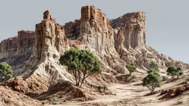 Majestic arid landscape featuring towering rock formations and resilient greenery