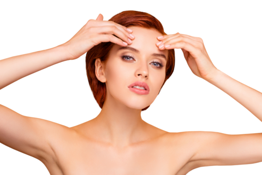 Close-up portrait of nice lovely sweet attractive charming winsome girl touching forehead healthy clean clear smooth perfect flawless shine skin wellness isolated on beige background