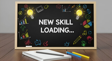 Chalkboard with 'new skill loading' skill development and doodles symbolizes learning and growth.