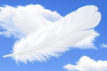 Two white feathers float against a vibrant blue sky, soft white clouds drift lazily