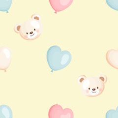Seamless pattern featuring teddy bear heads and pastel heart shaped balloons on a soft yellow background. Ideal for childrens products, textiles and baby shower designs