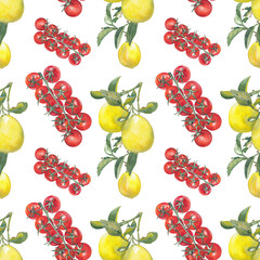 Lemon and tomato pattern Food hand-drawn seamless pattern with original hand-painted illustrations Great for textile and fabric design, scrapbooking, digital printable papers