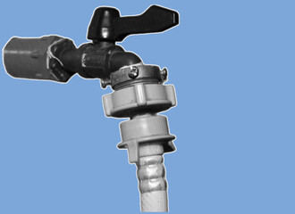 close up of water tap with hose pixelate color halftone dotted texture style collage element isolated on blue background