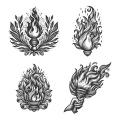 Obraz premium Torch Illustrations with Flames Set collection bundle sketch engraving generative ai raster illustration. Scratch board imitation. Black and white image.