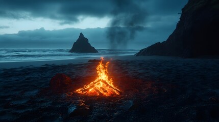 A campfire on a beach with no one around
