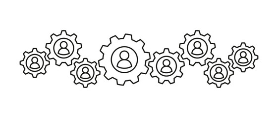 Gears for synergy work of business team, line art. Partnership in organization. Workforce, employee. Collaboration for success results. Vector illustration